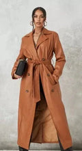 Brown Leather Trench Coat - Double - Breasted Belted Maxi Coat for Women - Kamercio