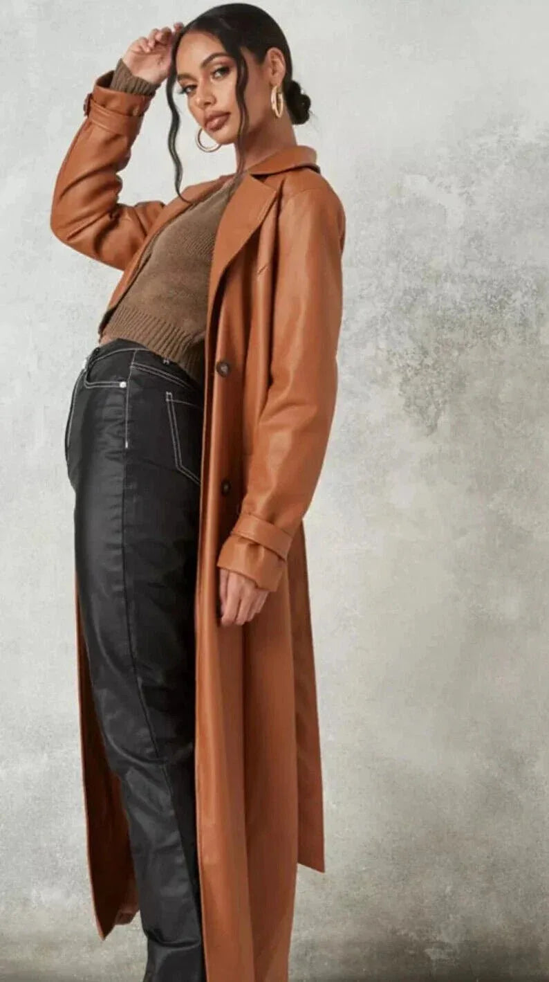 Brown Leather Trench Coat - Double - Breasted Belted Maxi Coat for Women - Kamercio