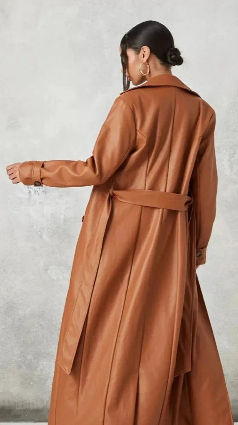 Brown Leather Trench Coat - Double - Breasted Belted Maxi Coat for Women - Kamercio
