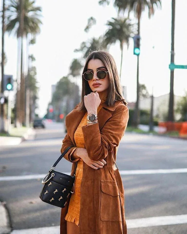 Brown Suede Leather Original Trench Coat - Classic Belted Premium Long Coat for Women - Kamercio