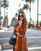 Brown Suede Leather Original Trench Coat - Classic Belted Premium Long Coat for Women - Kamercio
