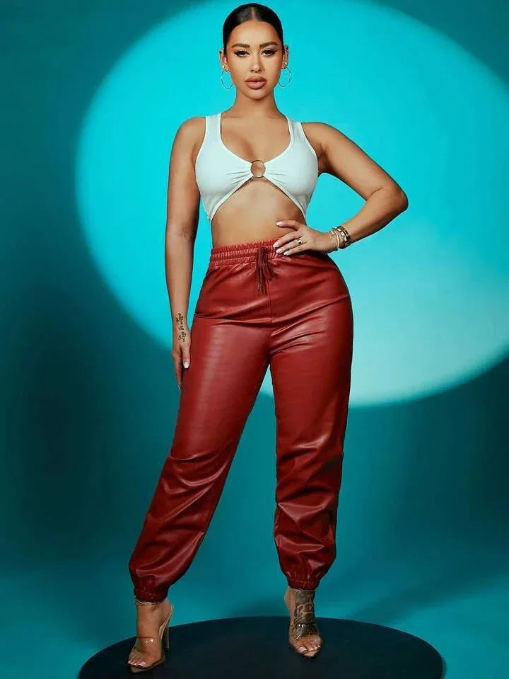Burgundy Original Leather Jogger Pants - High - Waisted Elastic Waist Genuine Premium Leather Trousers for Women - Kamercio