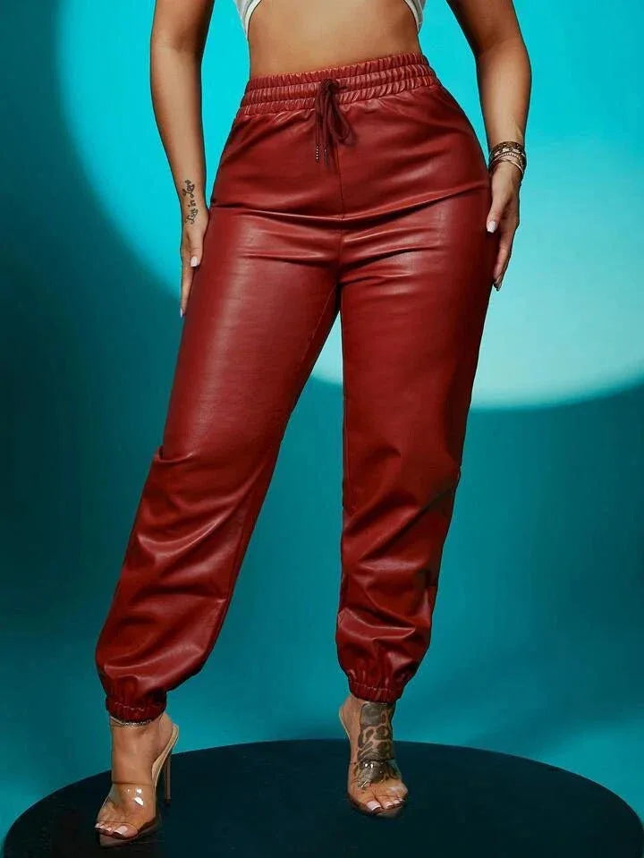Burgundy Original Leather Jogger Pants - High - Waisted Elastic Waist Genuine Premium Leather Trousers for Women - Kamercio