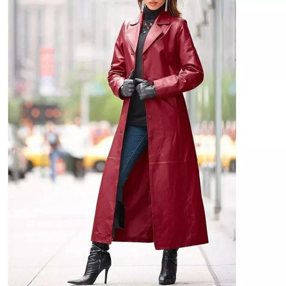Burgundy Original Leather Maxi Coat - Long Button - Front Duster Premium Coat for Women - Kamercio