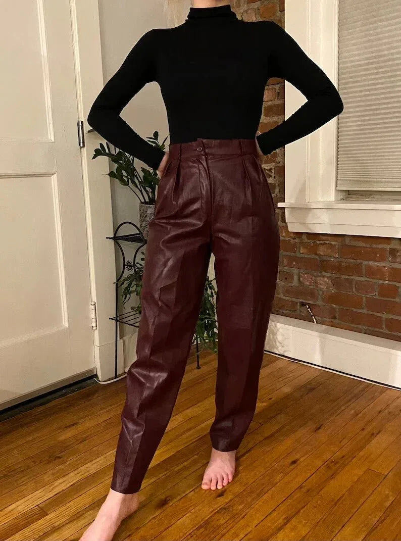 Burgundy Original Leather Pants - High - Waisted Pleated Straight Leg Genuine Premium Leather Trousers for Women - Kamercio