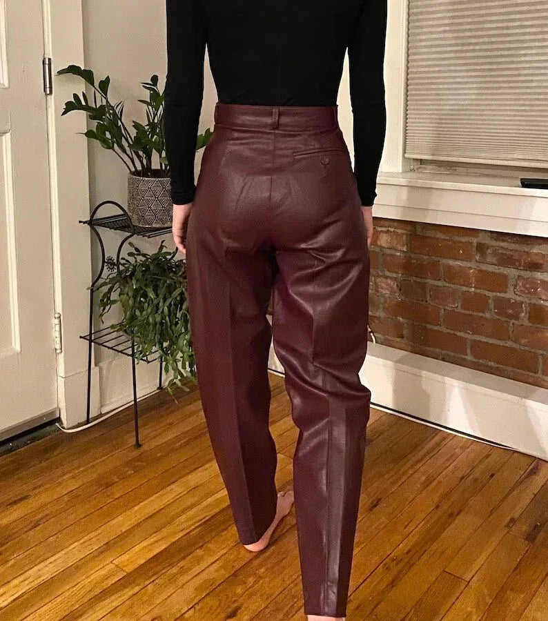Burgundy Original Leather Pants - High - Waisted Pleated Straight Leg Genuine Premium Leather Trousers for Women - Kamercio