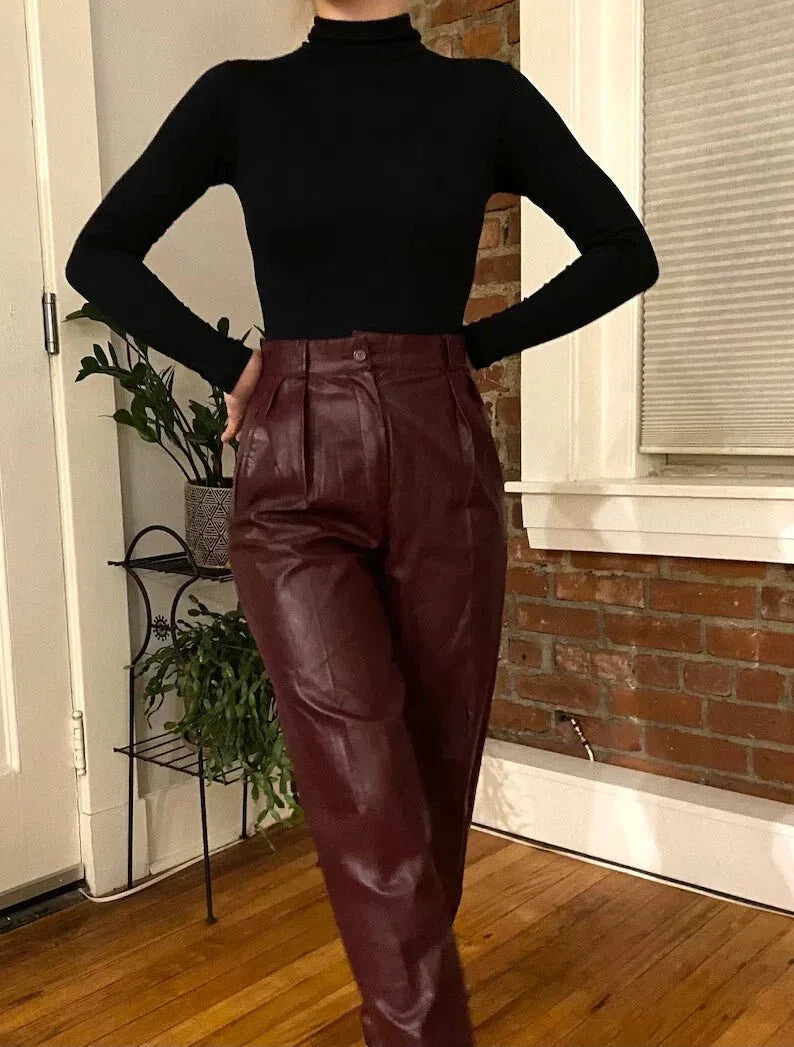 Burgundy Original Leather Pants - High - Waisted Pleated Straight Leg Genuine Premium Leather Trousers for Women - Kamercio