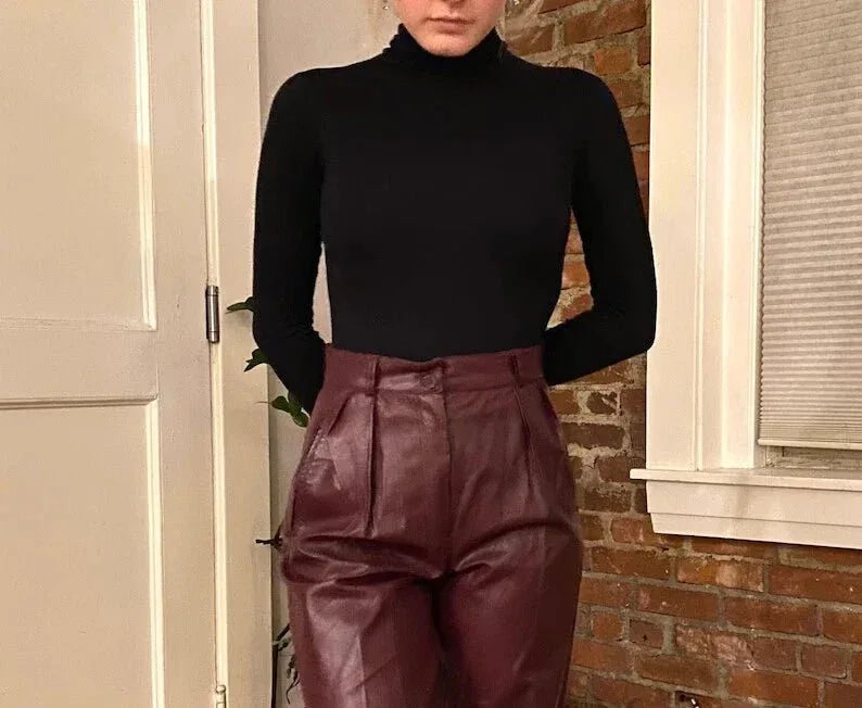 Burgundy Original Leather Pants - High - Waisted Pleated Straight Leg Genuine Premium Leather Trousers for Women - Kamercio