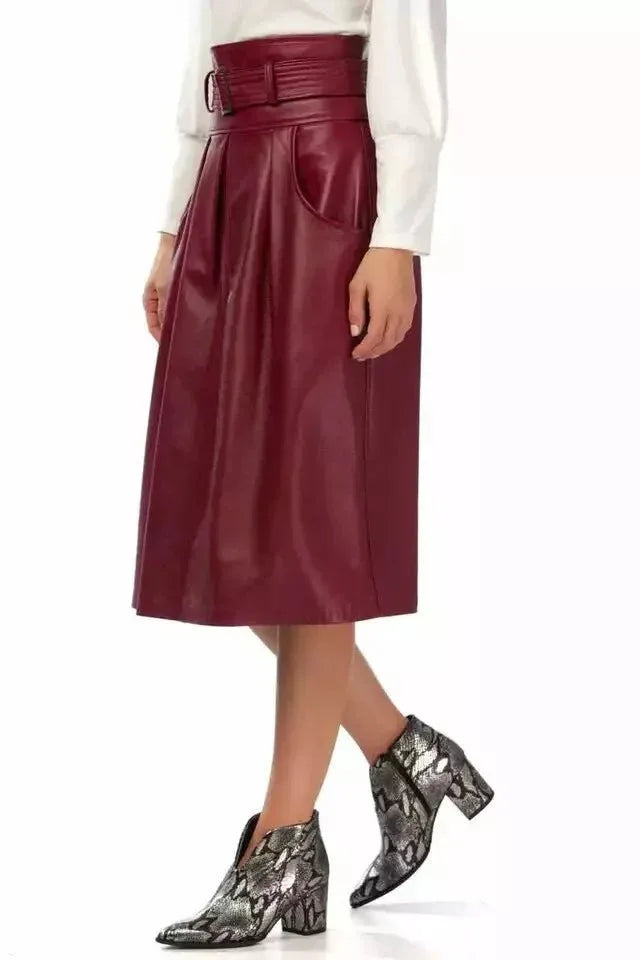 Burgundy Original Leather Pleated Midi Skirt - Belted High Waist Full Grain Leather Skirt for Women - Kamercio