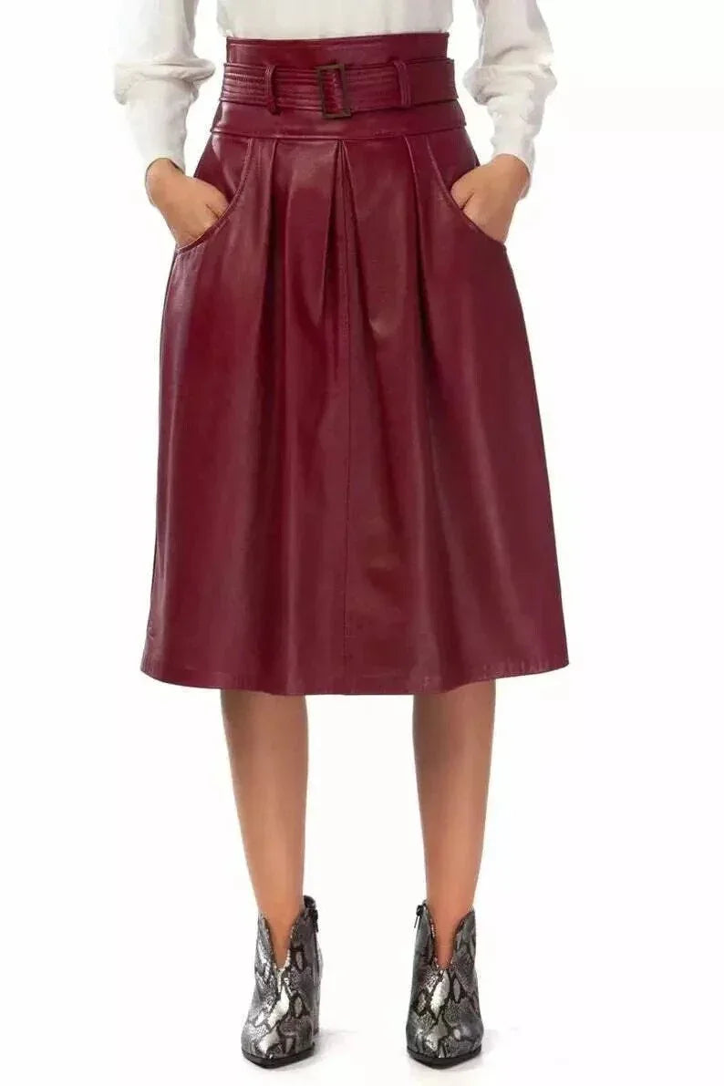 Burgundy Original Leather Pleated Midi Skirt - Belted High Waist Full Grain Leather Skirt for Women - Kamercio