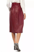 Burgundy Original Leather Pleated Midi Skirt - Belted High Waist Full Grain Leather Skirt for Women - Kamercio