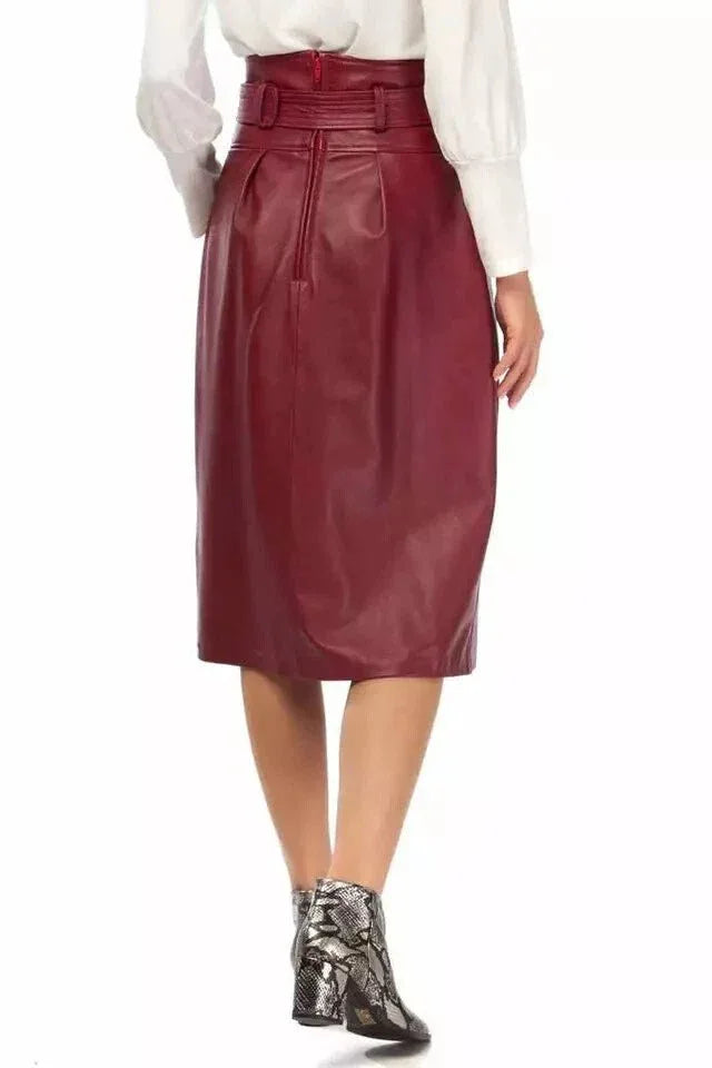 Burgundy Original Leather Pleated Midi Skirt - Belted High Waist Full Grain Leather Skirt for Women - Kamercio