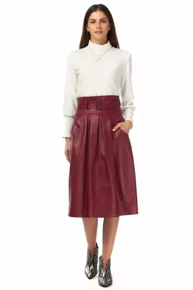 Burgundy Original Leather Pleated Midi Skirt - Belted High Waist Full Grain Leather Skirt for Women - Kamercio