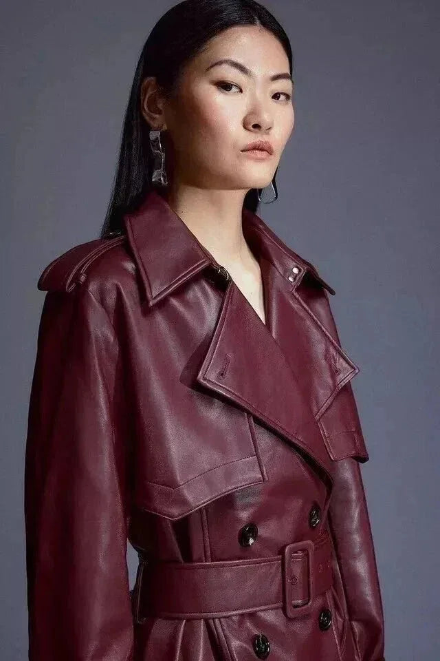 Burgundy Original Leather Trench Coat - Belted Double - Breasted Premium Long Coat for Women - Kamercio