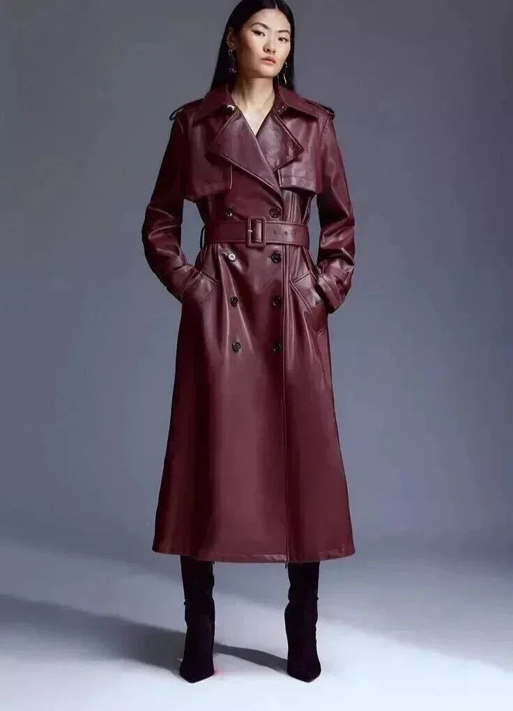 Burgundy Original Leather Trench Coat - Belted Double - Breasted Premium Long Coat for Women - Kamercio