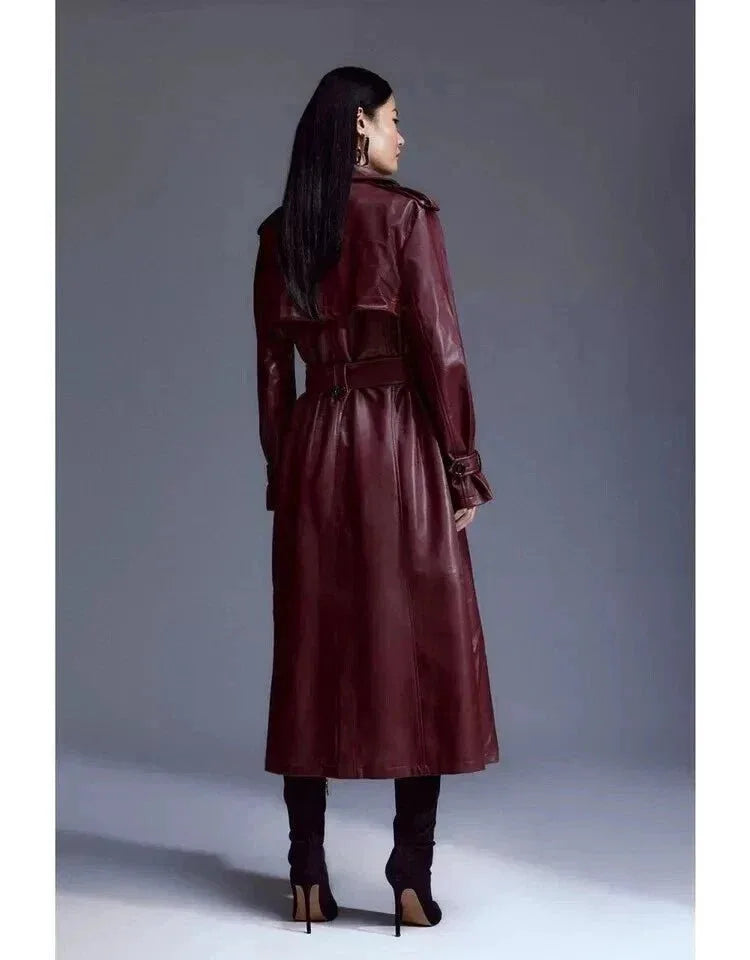 Burgundy Original Leather Trench Coat - Belted Double - Breasted Premium Long Coat for Women - Kamercio