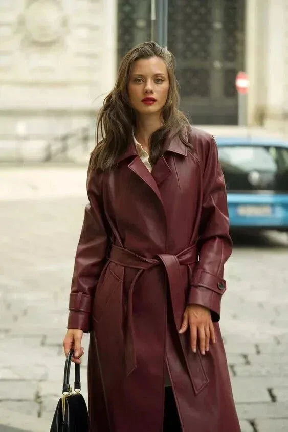 Burgundy Original Leather Trench Coat - Belted Wrap Premium Coat for Women - Kamercio