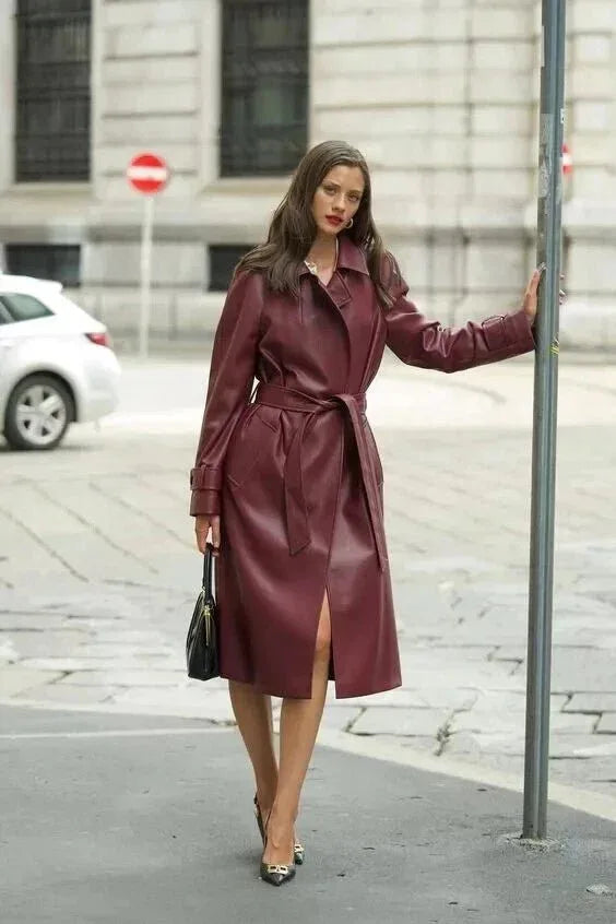 Burgundy Original Leather Trench Coat - Belted Wrap Premium Coat for Women - Kamercio