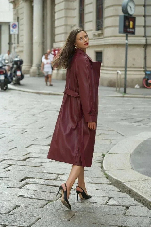 Burgundy Original Leather Trench Coat - Belted Wrap Premium Coat for Women - Kamercio