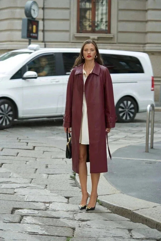 Burgundy Original Leather Trench Coat - Belted Wrap Premium Coat for Women - Kamercio