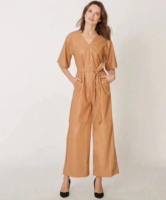 Camel Leather Jumpsuit - Premium Full - Grain Leather Wide - Leg Jumpsuit Original for Women - Kamercio