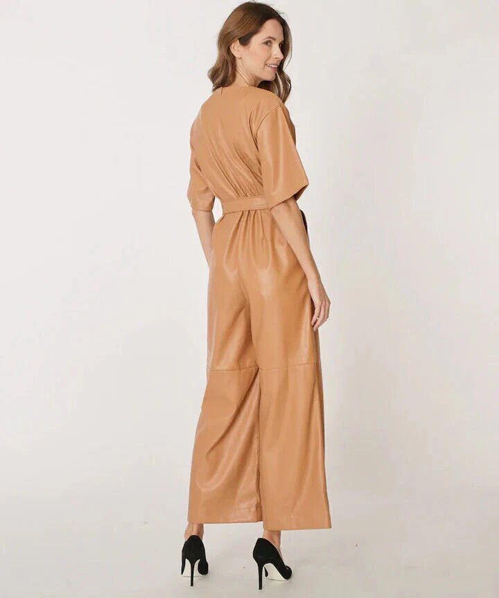 Camel Leather Jumpsuit - Premium Full - Grain Leather Wide - Leg Jumpsuit Original for Women - Kamercio