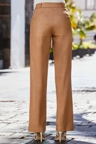 Camel Leather Original Pants - High - Waisted Pleated Straight Leg Genuine Premium Leather Trousers for Women - Kamercio