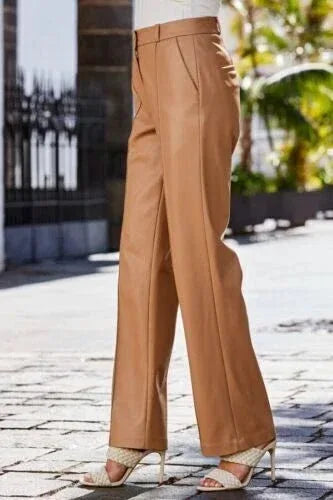 Camel Leather Original Pants - High - Waisted Pleated Straight Leg Genuine Premium Leather Trousers for Women - Kamercio