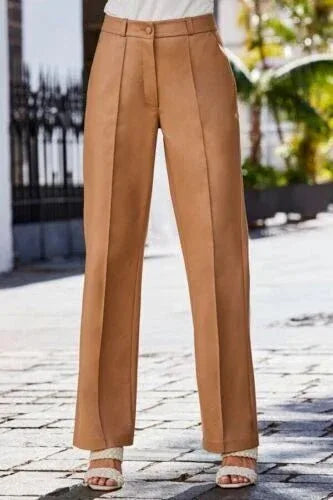 Camel Leather Original Pants - High - Waisted Pleated Straight Leg Genuine Premium Leather Trousers for Women - Kamercio