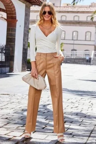 Camel Leather Original Pants - High - Waisted Pleated Straight Leg Genuine Premium Leather Trousers for Women - Kamercio