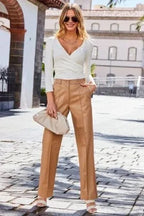 Camel Leather Original Pants - High - Waisted Pleated Straight Leg Genuine Premium Leather Trousers for Women - Kamercio