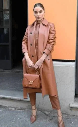 Camel Leather Premium Trench Coat - Classic Double - Breasted Belted Premium Coat for Women - Kamercio