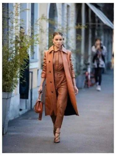 Camel Leather Premium Trench Coat - Classic Double - Breasted Belted Premium Coat for Women - Kamercio