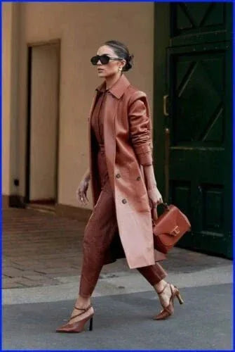 Camel Leather Premium Trench Coat - Classic Double - Breasted Belted Premium Coat for Women - Kamercio
