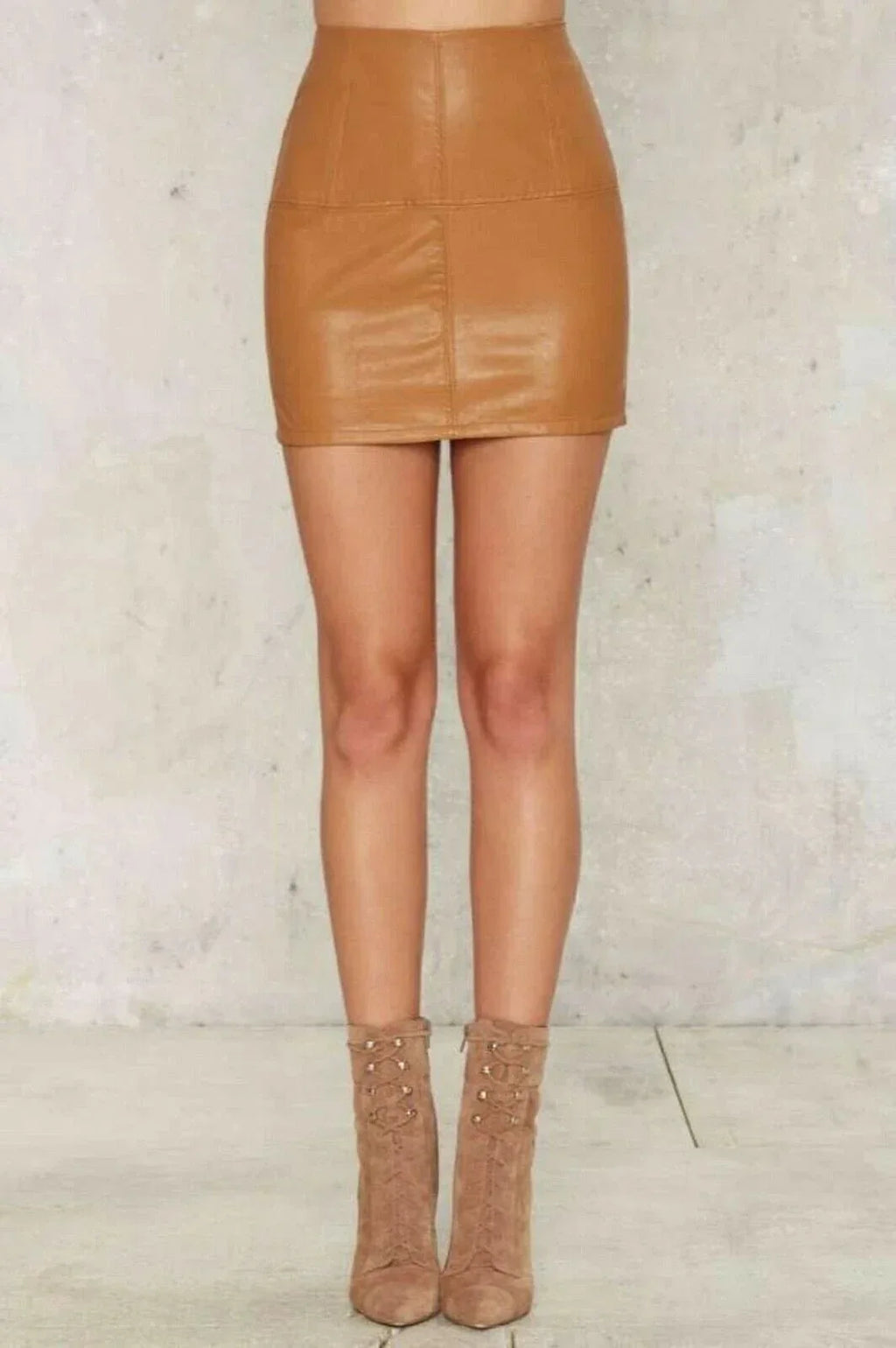 Camel Original Leather Mini Skirt - High Waist Full Grain Premium Leather Skirt for Women - Kamercio