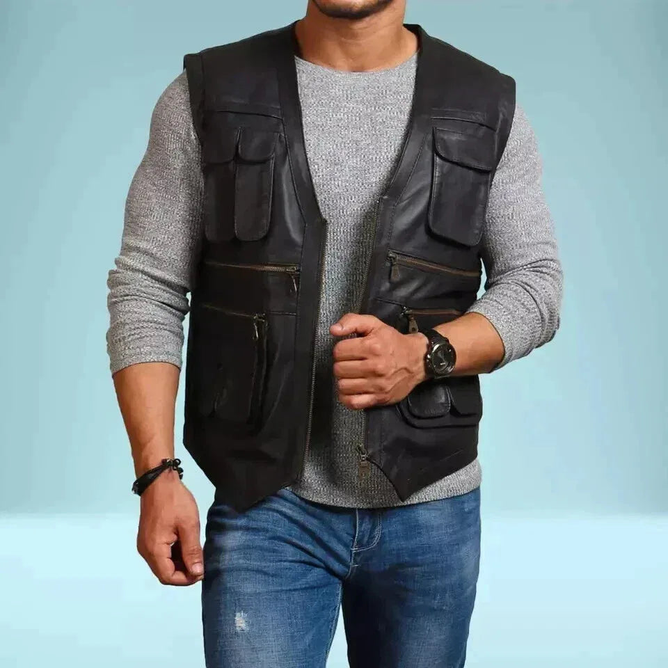 Black Leather Utility Vest - Premium Full-Grain Leather Multi-Pocket Vest