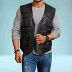 Black Leather Utility Vest - Premium Full-Grain Leather Multi-Pocket Vest