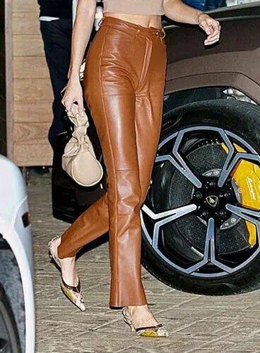 Cognac Brown Original Leather Pants - High - Waisted Straight Leg Genuine Premium Leather Trousers for Women - Kamercio