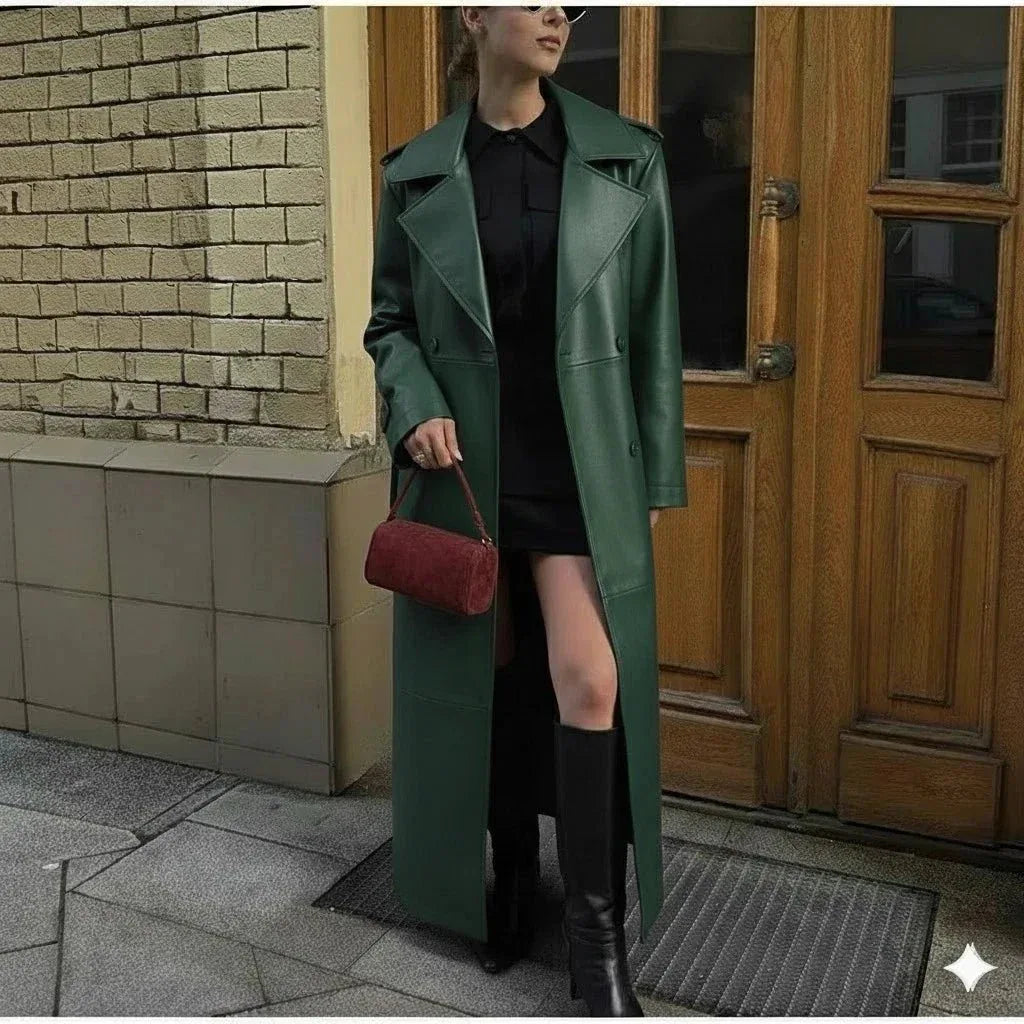 Emerald Green Original Leather Coat - Full - Grain Premium Long Trench Coat for Women - Kamercio