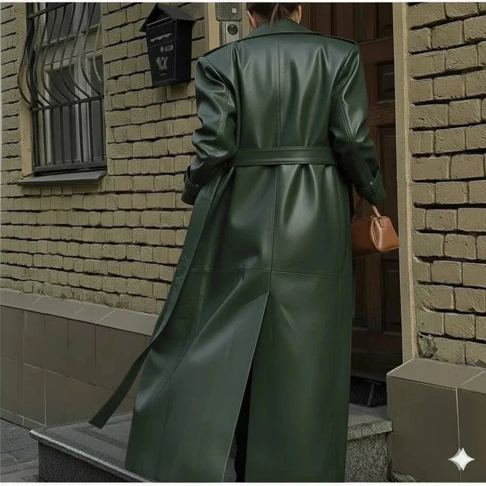 Emerald Green Original Leather Coat - Full - Grain Premium Long Trench Coat for Women - Kamercio
