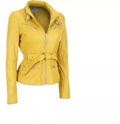 Women's Yellow Original Leather Biker Jacket - Premium Sunshine Moto Style – front view – Kamercio