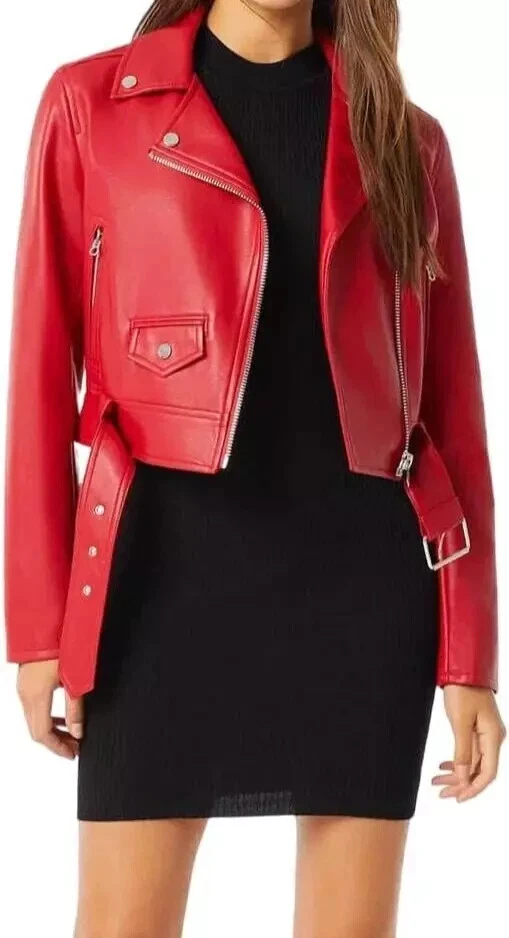 Women's Red Cropped Original Leather Biker Jacket - Premium Classic Moto Style
