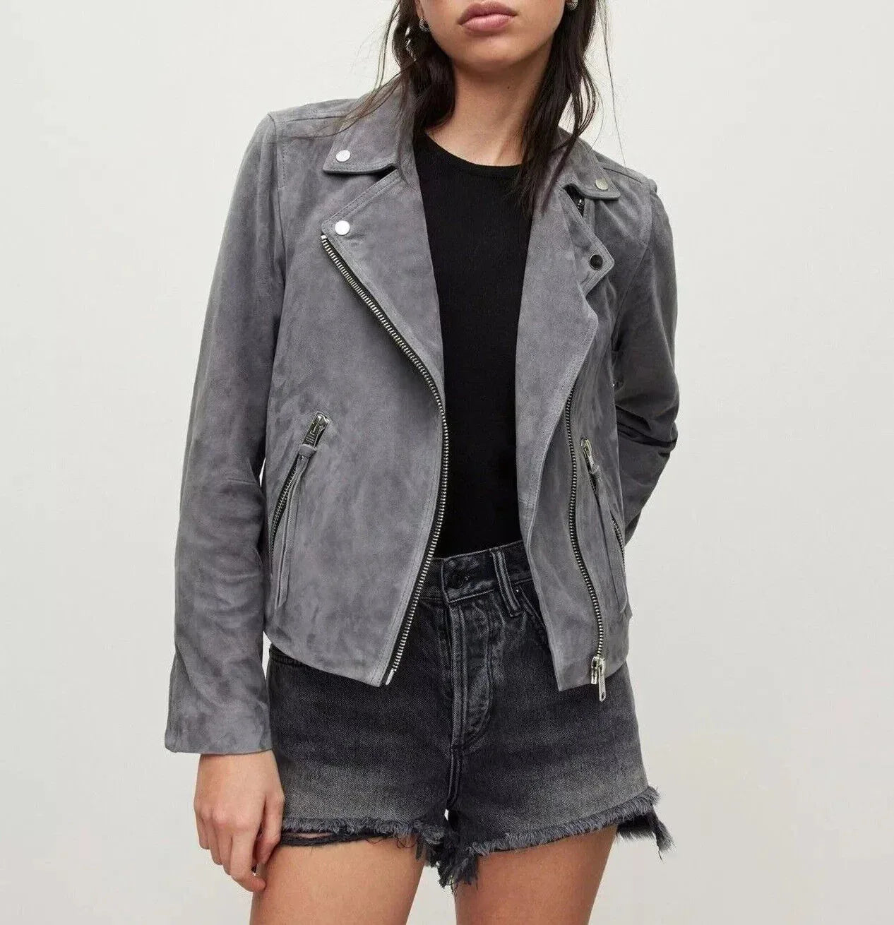 Grey Suede Moto Original Jacket – Handcrafted Premium Full-Grain Suede Leather