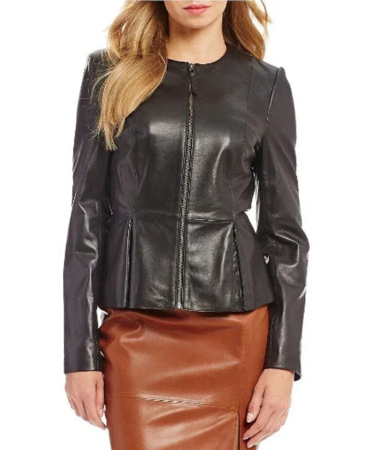 Women's Black Original Leather Peplum Jacket - Premium Full-Grain Tailored Fit
