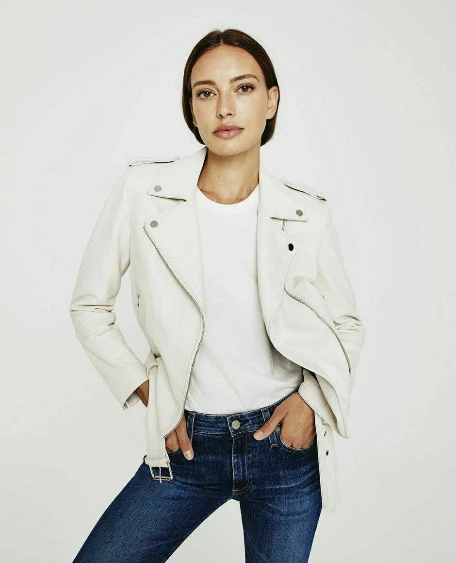 White Leather Moto Original Jacket - Women's Premium Full-Grain Leather Biker Jacket