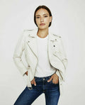 White Leather Moto Original Jacket - Women's Premium Full-Grain Leather Biker Jacket – bomber jacket, front view – Kamercio
