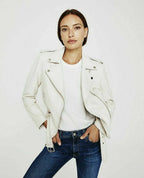 White Leather Moto Original Jacket - Women's Premium Full-Grain Leather Biker Jacket – bomber jacket, front view – Kamercio