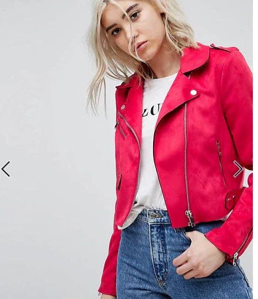 Women's Hot Pink Original Suede Leather Biker Jacket - Premium Fuchsia Moto Style