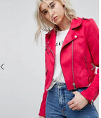 Women's Hot Pink Original Suede Leather Biker Jacket - Premium Fuchsia Moto Style