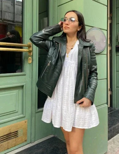 Classic Dark Green Original Leather Moto Jacket - Women's Premium Full-Grain Leather Biker Jacket